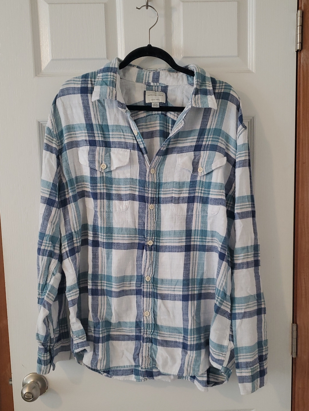 American Eagle Outfitters Plaid Button-Down Shirt - White, Blue & Teal